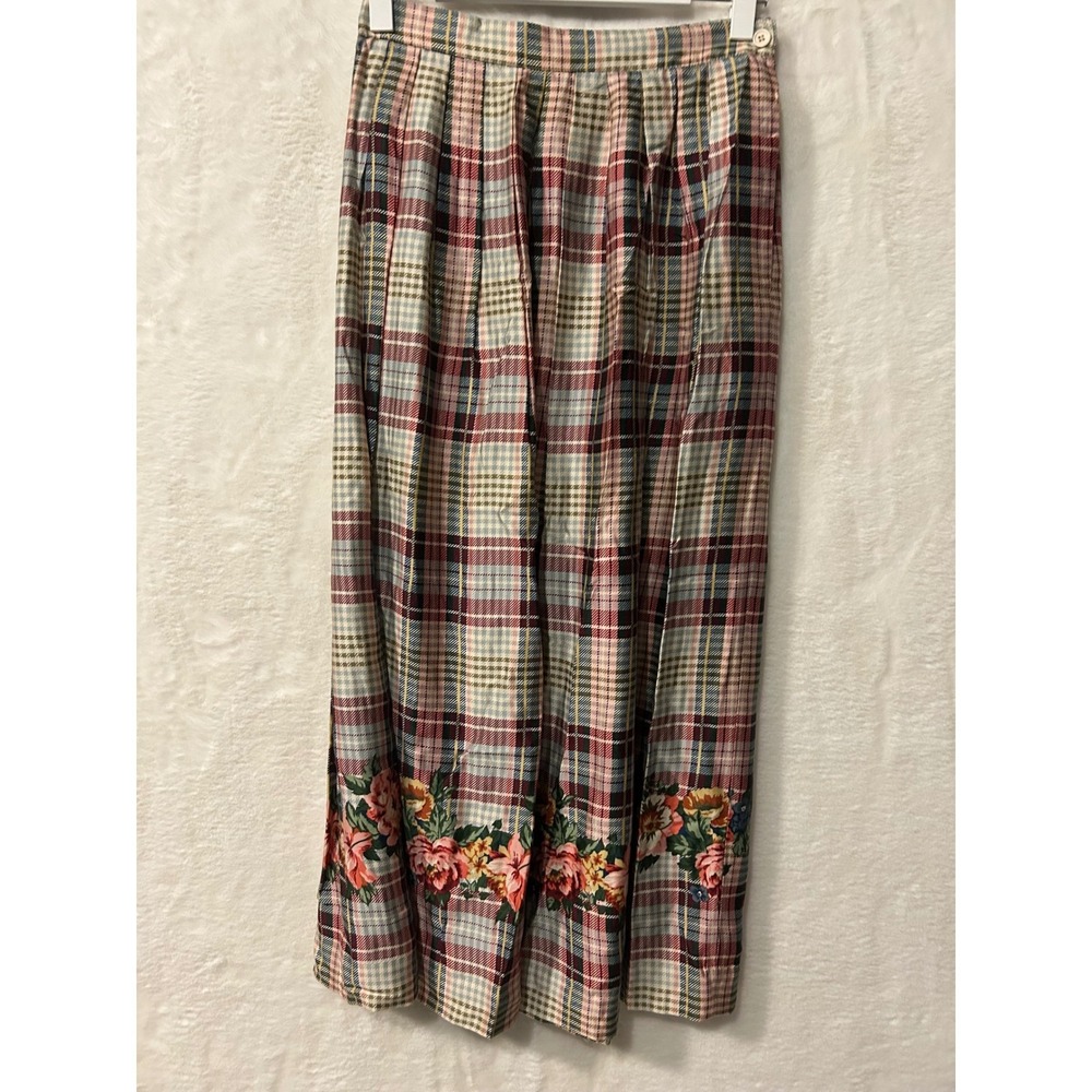 Susan Bristol Vintage Plaid Floral Maxi‎ Skirt Womens 8 Pink Cottagecore Rayon